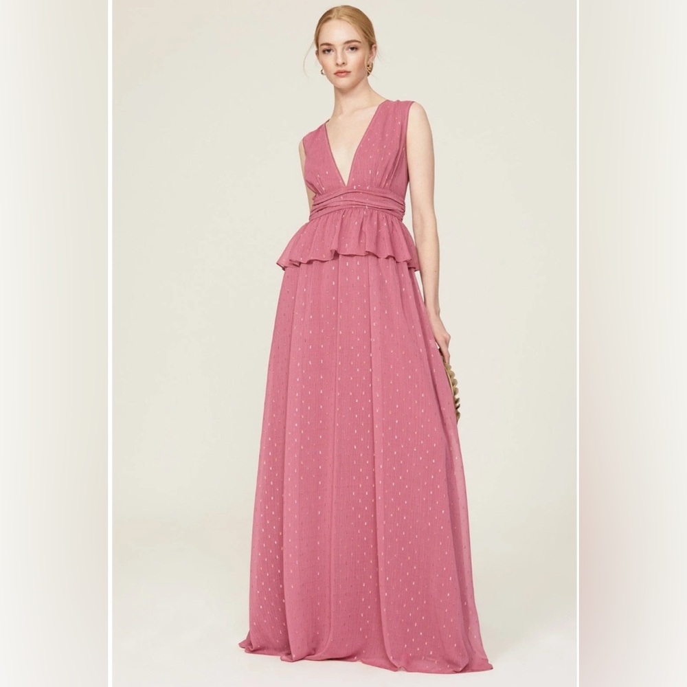 Anthropologie LDT Vneck  Peplum Waist Pink shimmer Chiffon Maxi Long Gown